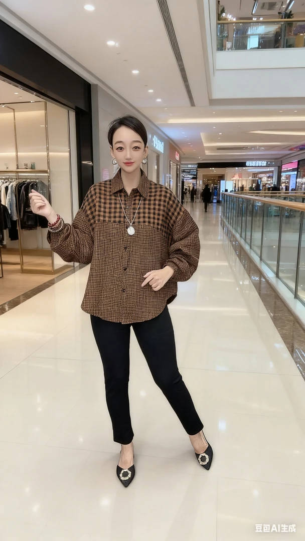酷艾琦格子休闲常规款拼接秋季衬衫外套春秋翻领冬款韩版百搭