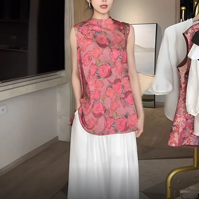 2025夏季流行国风新中式轻奢盘扣上衣高腰垂感长裤无袖休闲套装