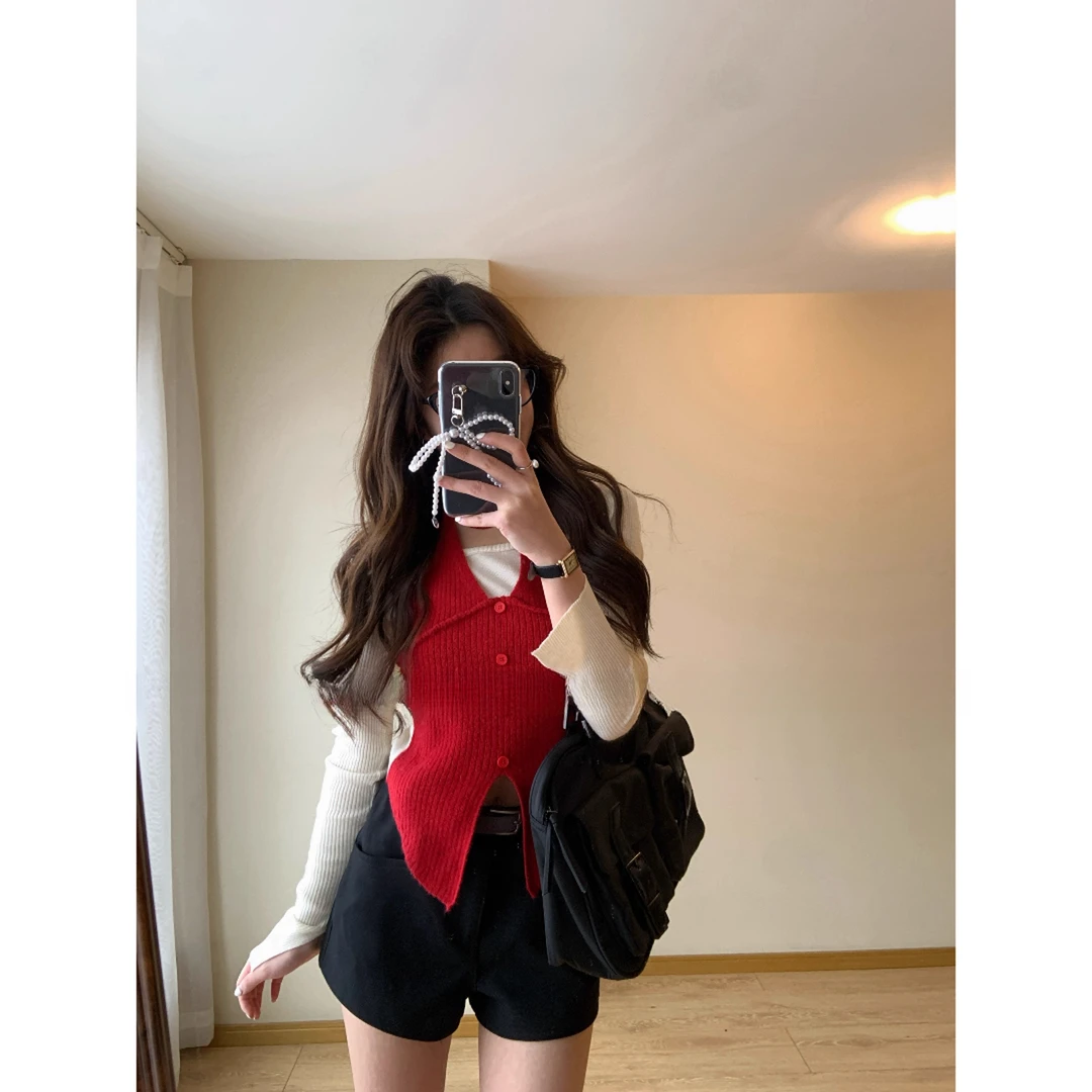 假两件纯欲打底衫小个子休闲下开叉设计感挂脖针织长袖打底衫上衣