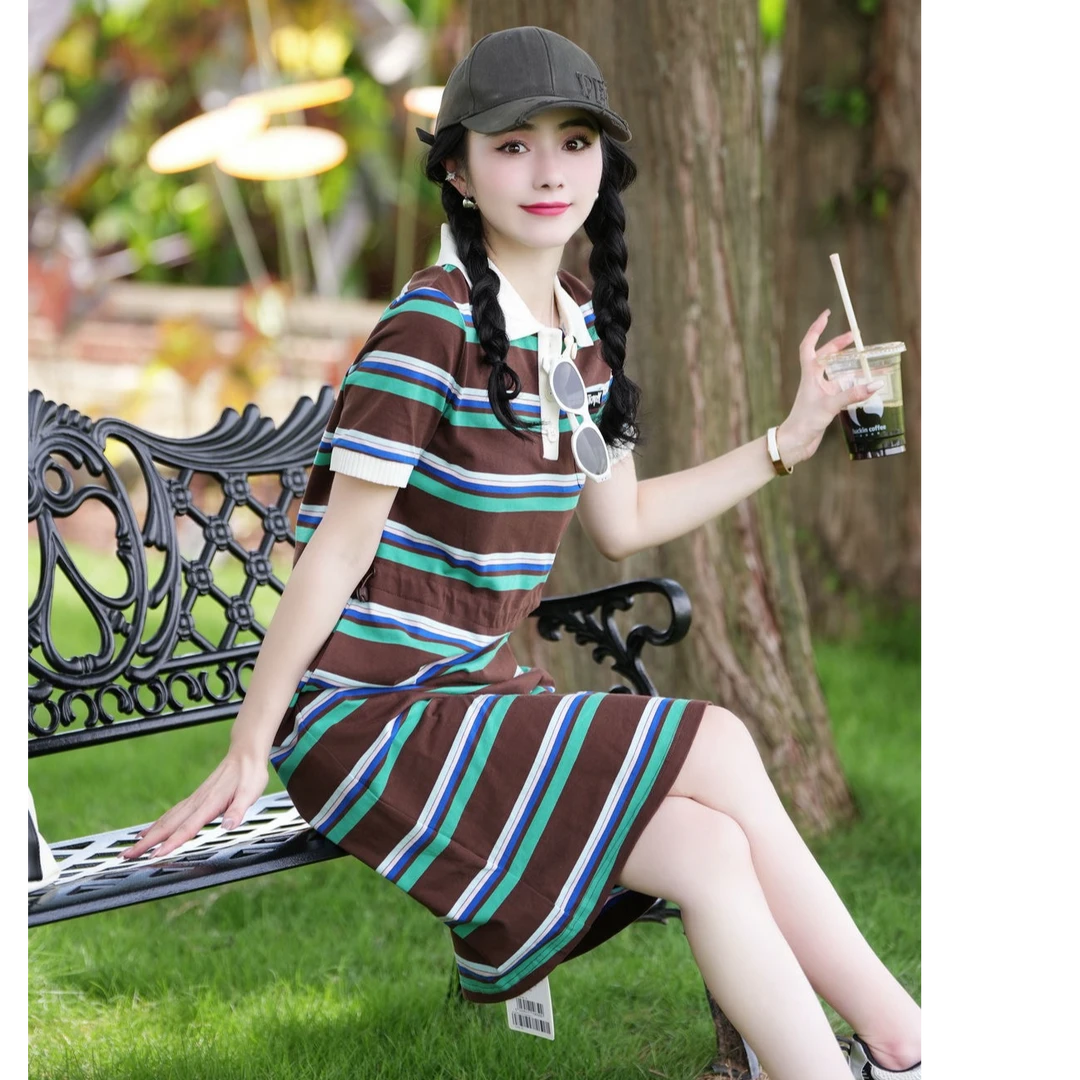 ToyzY夏新款复古条纹抽绳气质时尚松紧腰连衣裙ZC34205130