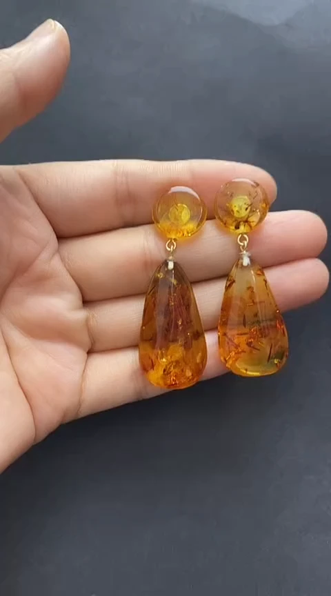 银S925镶嵌琥珀裸石花珀耳钉