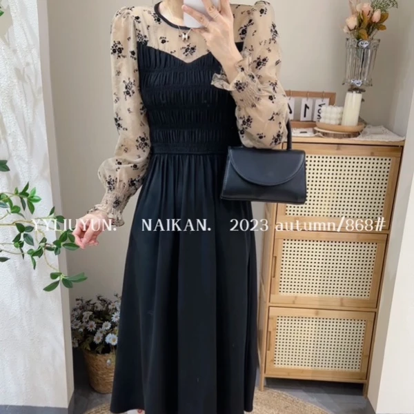 23868法式拼接波点收腰连衣裙优雅显瘦长袖赫本风长裙