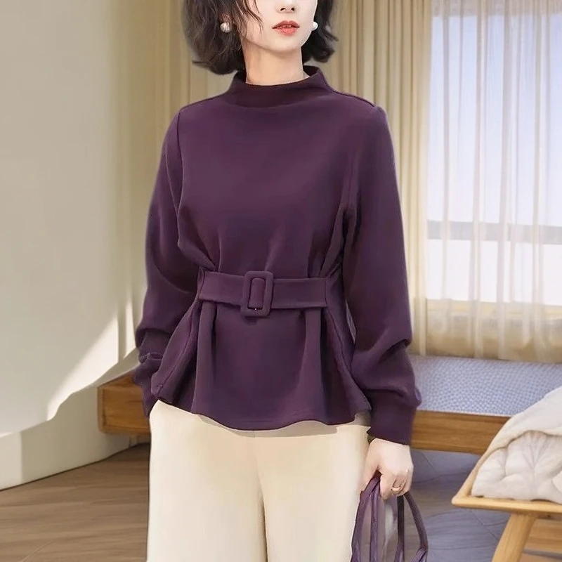 韩系时髦气质百搭高领长袖套头显瘦春秋新款腰带设计感收腰上衣女