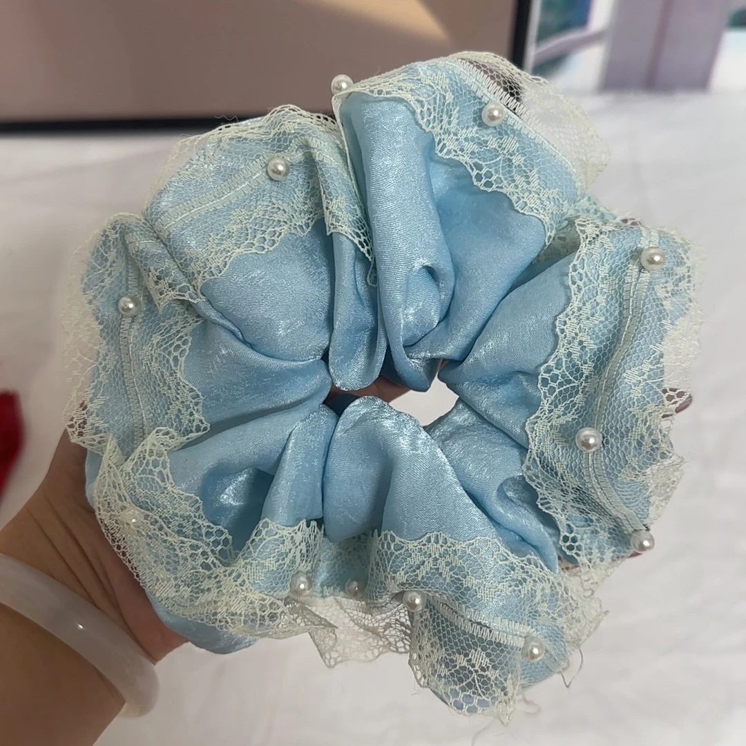 韩系蕾丝花边钉珍珠大肠发圈女高级感马尾发绳绑头花气质头绳皮筋