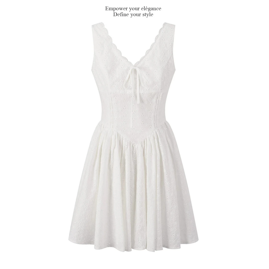 羊城故事-白色蕾丝刺绣无袖连衣裙新款时尚气质收腰短裙Y50751660
