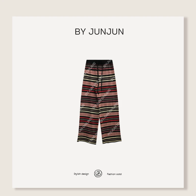 ByJunjun【彩虹裤】夏季新品高级女装松紧腰宽条休闲裤C25K1906