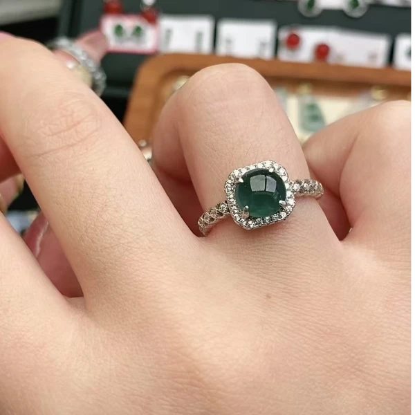 鑫辰珠宝天然A货翡翠银镶嵌设计款开口女戒指时尚百搭