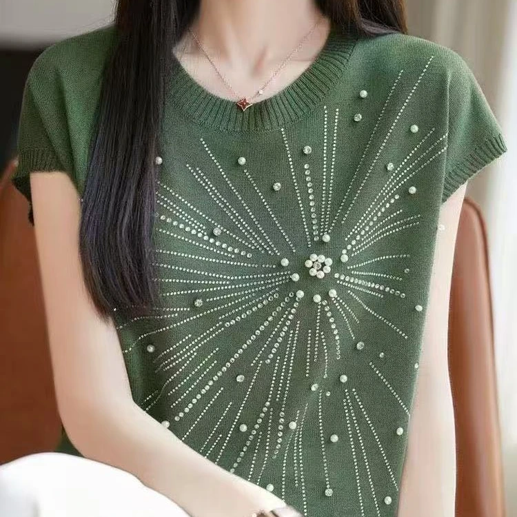 【康康大婉专属】2025年新款女士钉珠镶钻烟花风格针织短袖