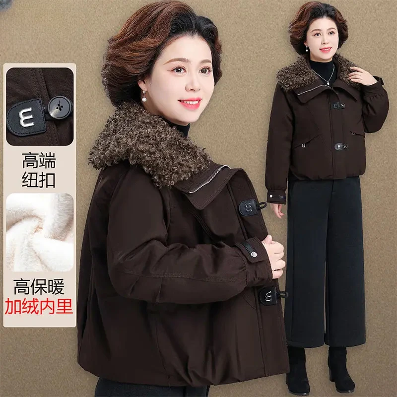 妈妈冬装棉袄外套加绒加厚气质中老年女款秋冬拼接羊羔毛领小棉袄