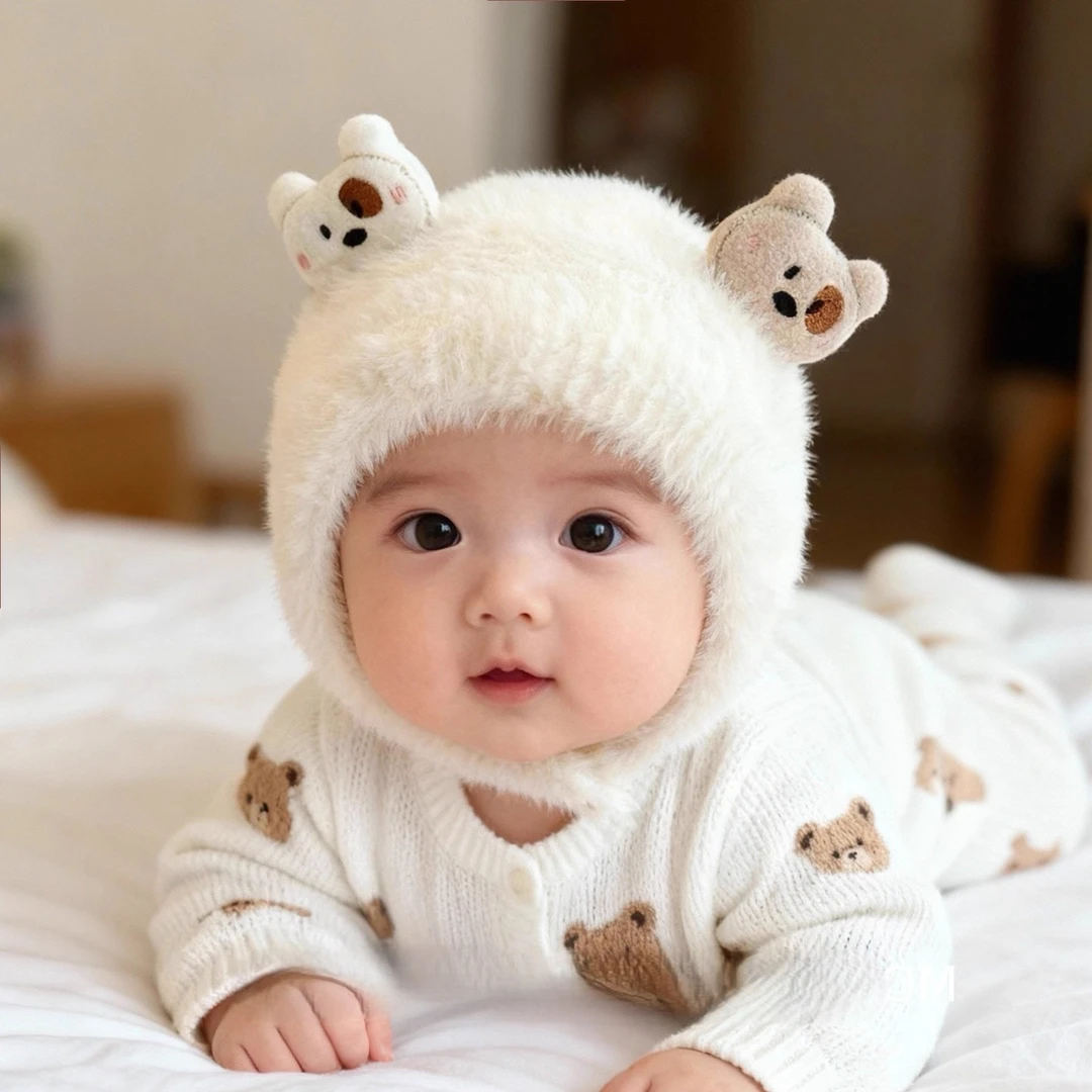 婴儿帽子秋冬季超萌针织小熊护耳帽小月龄男女宝宝加厚防风毛绒帽