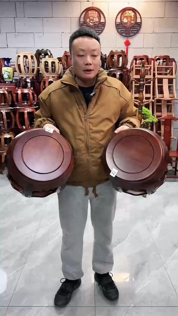 【闪购商品】花梨木类家具微瑕花梨木胡桃色雕花小号鼓凳一对26号