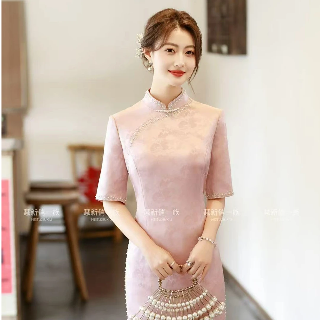 醋酸五分袖婚礼短袖中长裙新中式旗袍气质中长款修身中国风