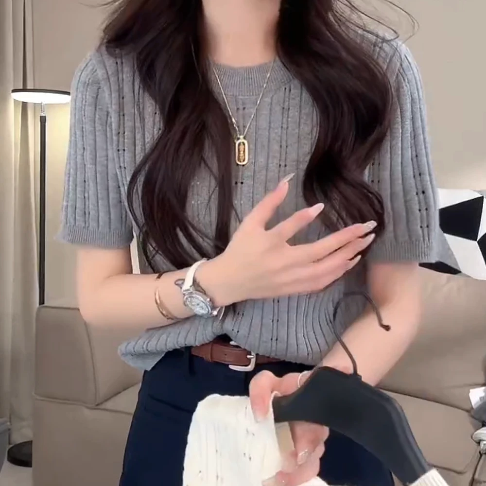 春夏镂空气质圆领百搭短袖针织上衣女2025春季新品