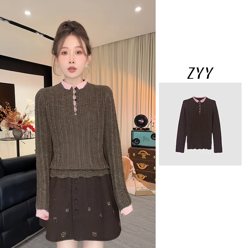 ZYY【致美仙旅】2025/S新品粉咖撞色针织挑花上衣X25QZZ05268