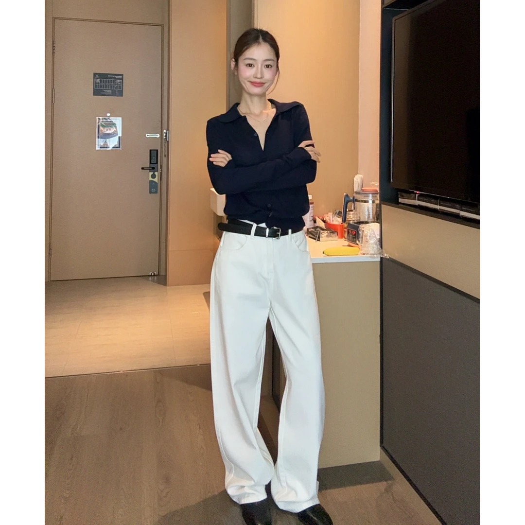 【部分现】简约法式复古显瘦时尚长裤女小众白色休闲直筒裤纯棉Q233