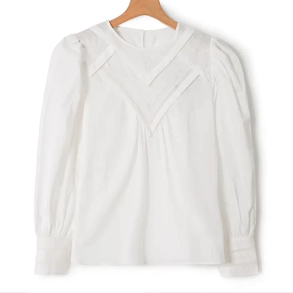 【ICS 韵裕】设计师女装集合店白色刺绣泡泡袖通勤衬衫