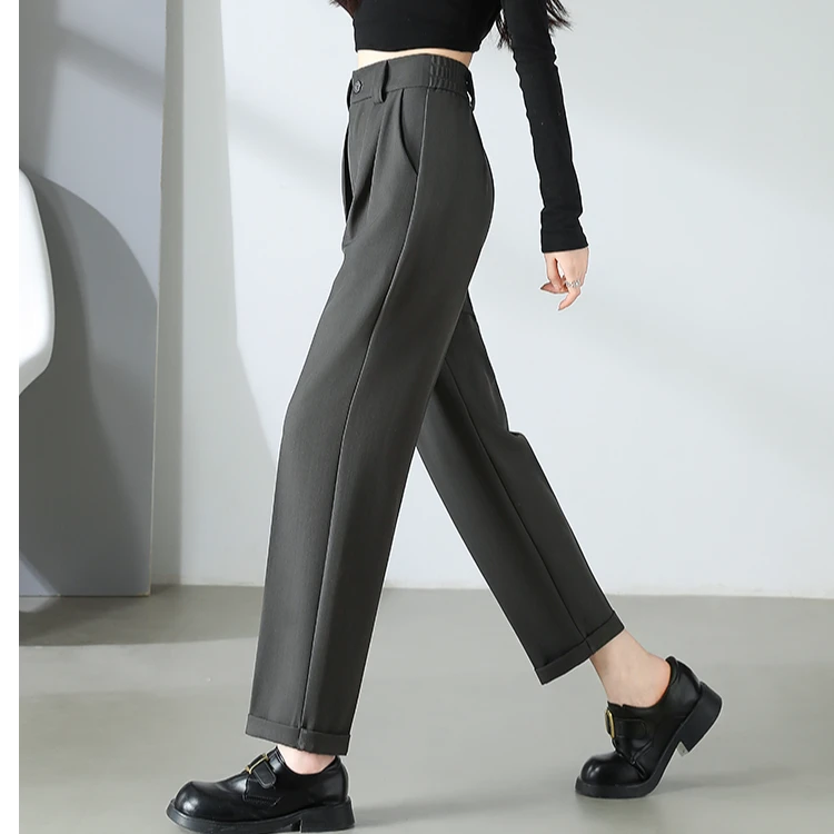 八分/九分烟灰色高腰卷边直筒职业小西裤春秋新款