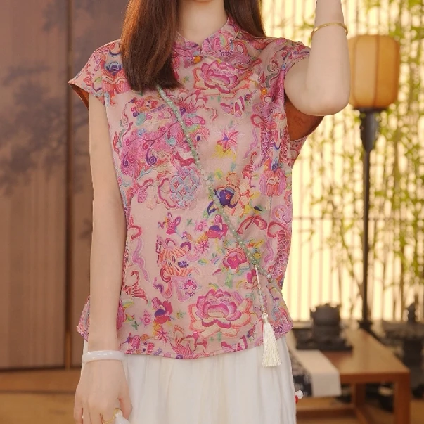 爆款3CJ【霓虹】新中式2024夏季气质百搭提花立领短袖T恤FB25052003