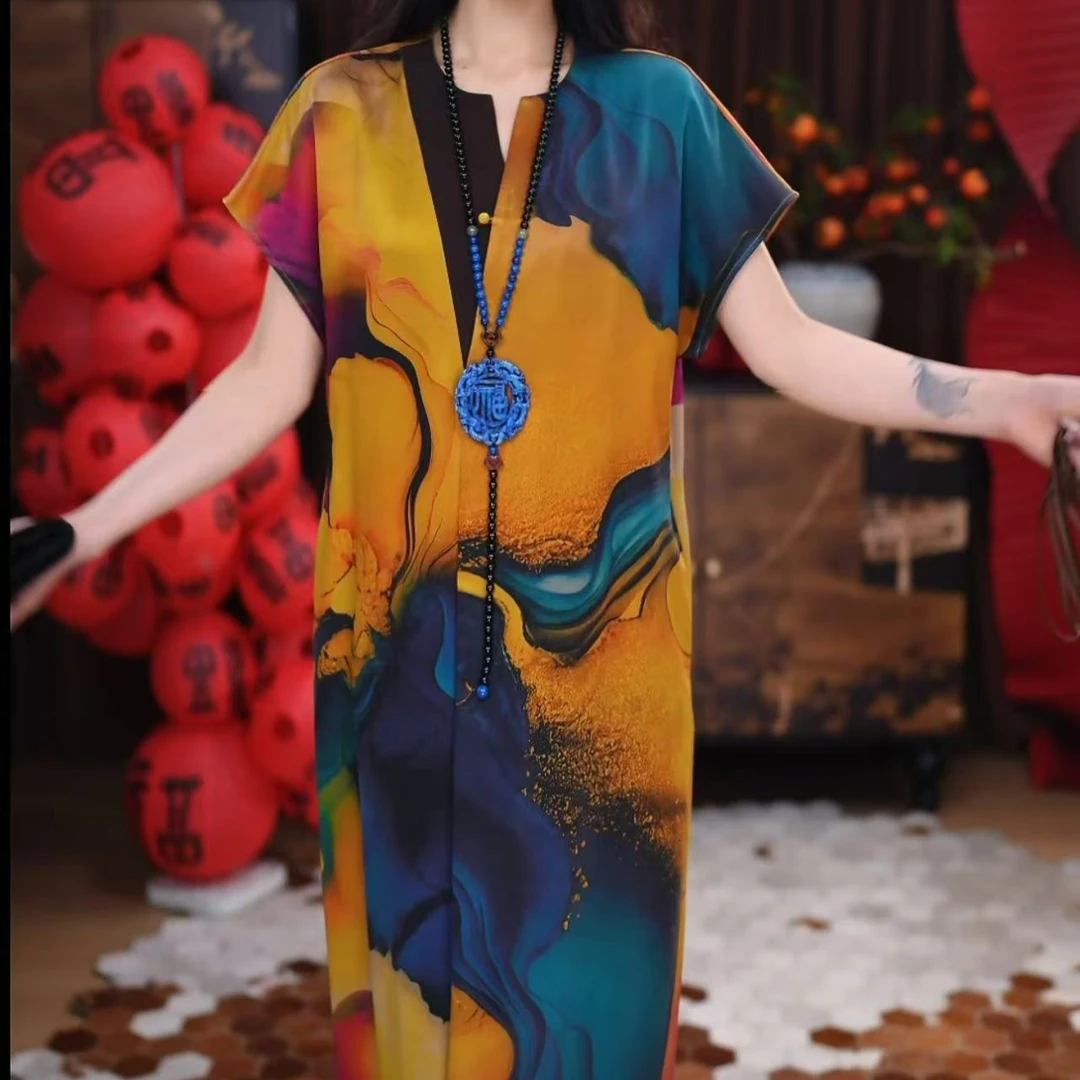 【意柠】香云纱长款重磅时尚国风提花遮肉印花复古长裙宽松连衣裙