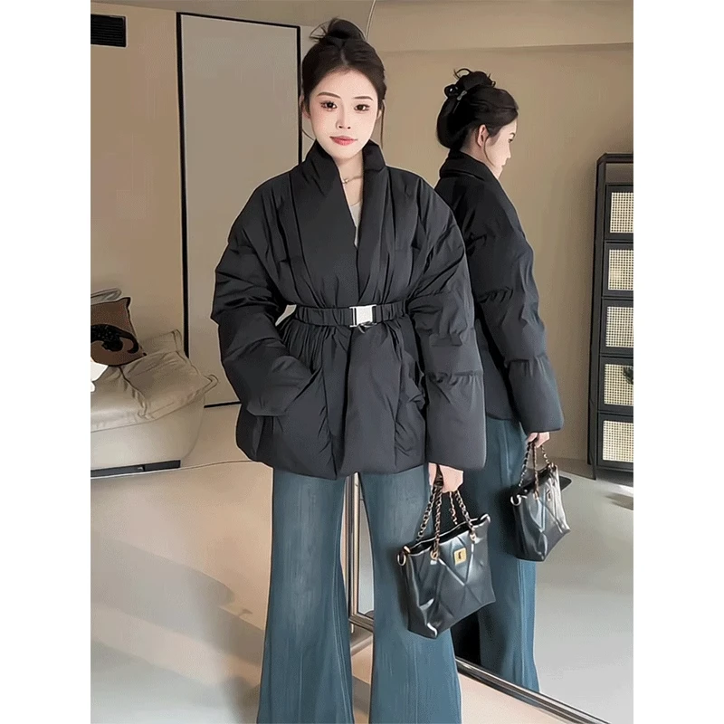 黑色棉服女款设计感冬季保暖御姐千金风穿搭加厚收腰棉衣外套爆款