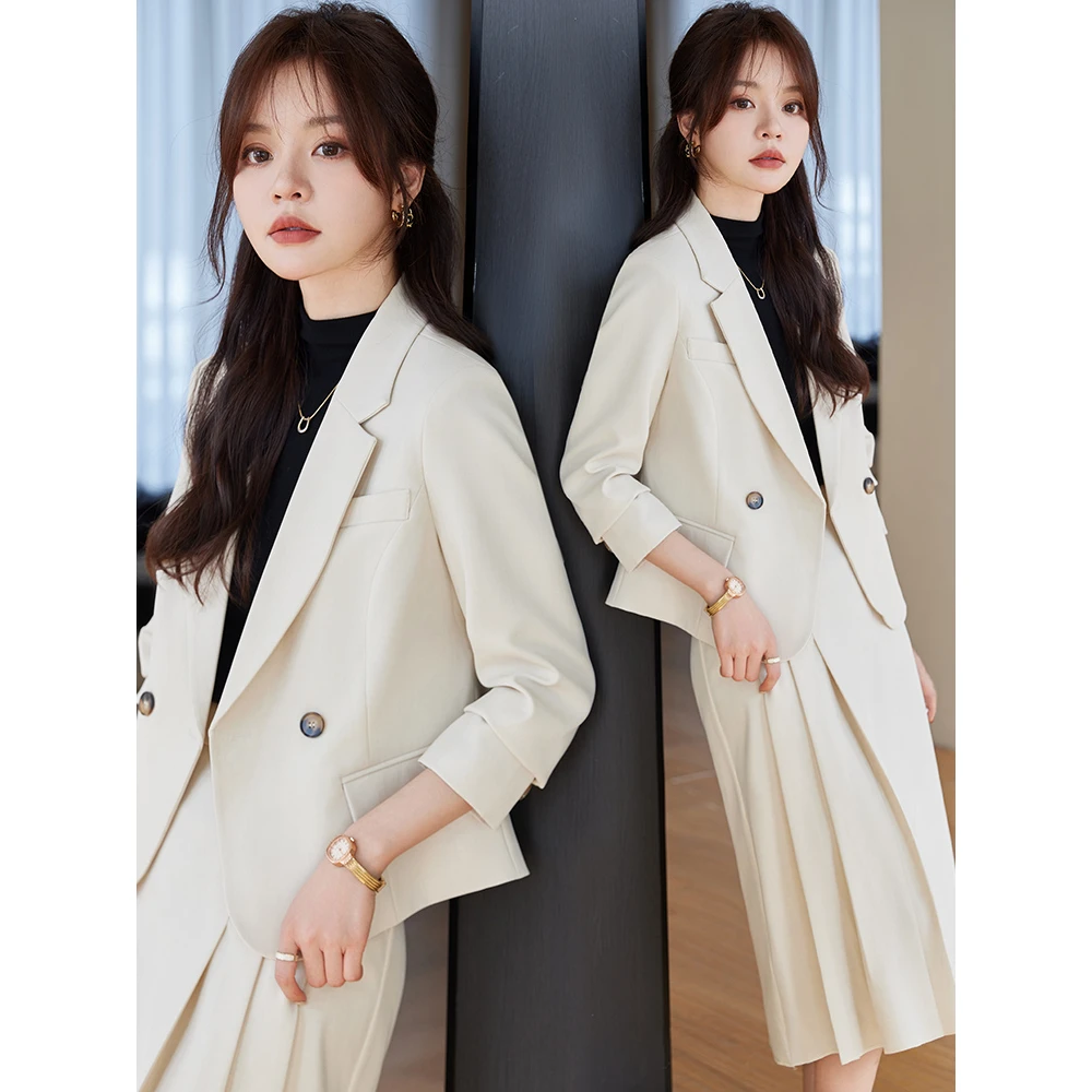 米白色西装时尚女2025春秋新款小个子休闲短款西服外套工作服女裙