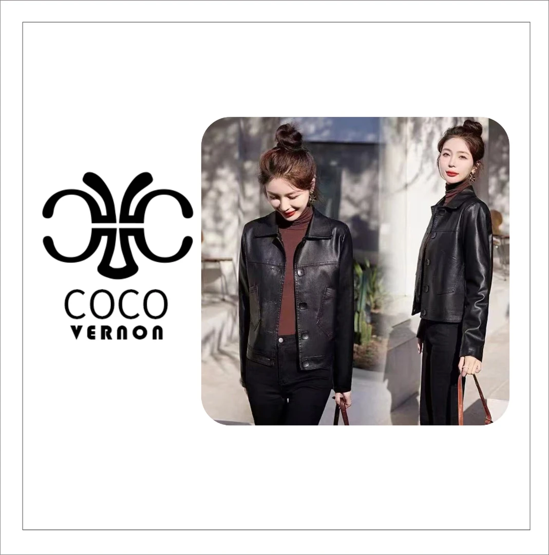 韩版女士八排扣春秋薄款气质皮衣外套3839