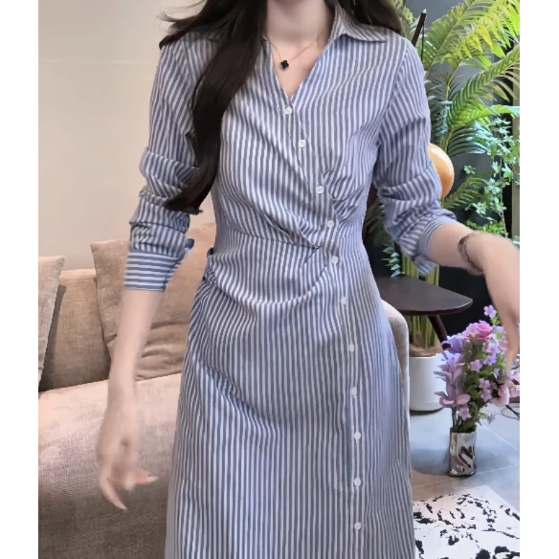 百搭气质优雅不规则中长款法式显瘦连衣裙长袖连衣裙蓝色条纹韩版