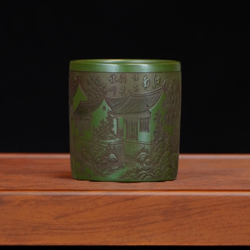 宜兴全手工原矿茶具正宗绿泥手工刻绘忆江南高颜值自用紫砂主人杯
