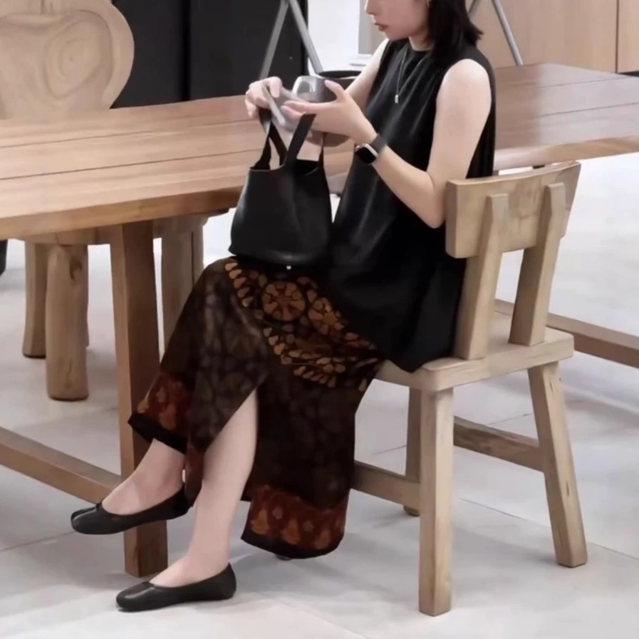 夏季新款时尚老钱风宽松无袖上衣气质复古开叉半身裙高级感显瘦女