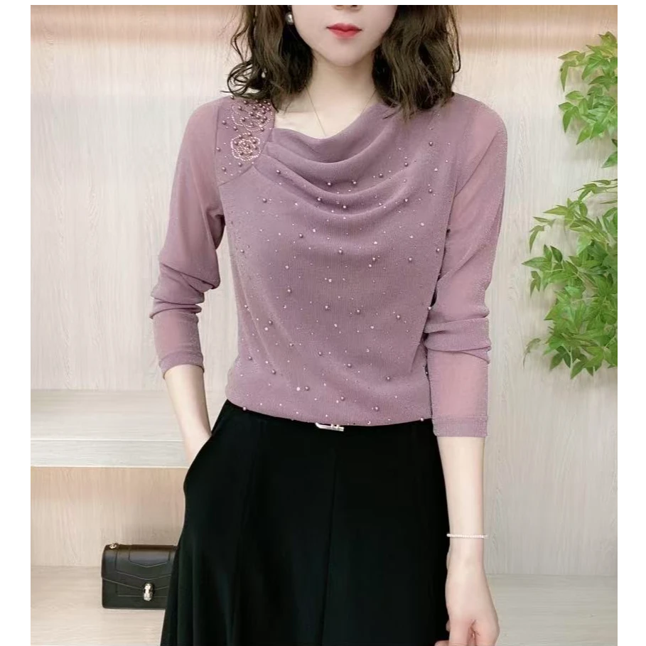 2025春季新款重工烫钻气质减龄洋气小衫洋气百搭堆堆领修身上衣