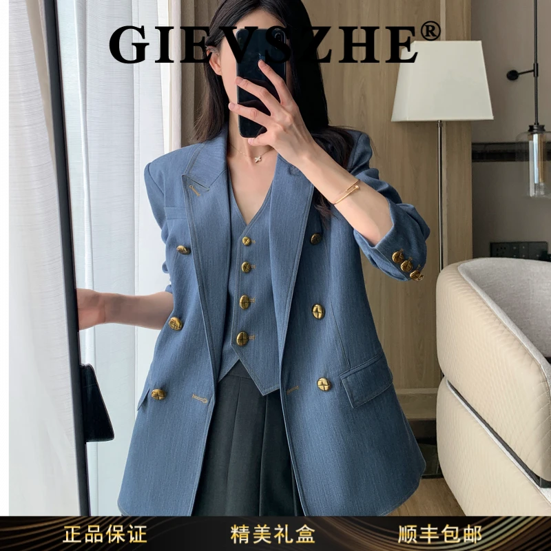 纪诗哲百搭小众西装宽松型双排扣上衣金色点缀扣时尚气质通勤聚会