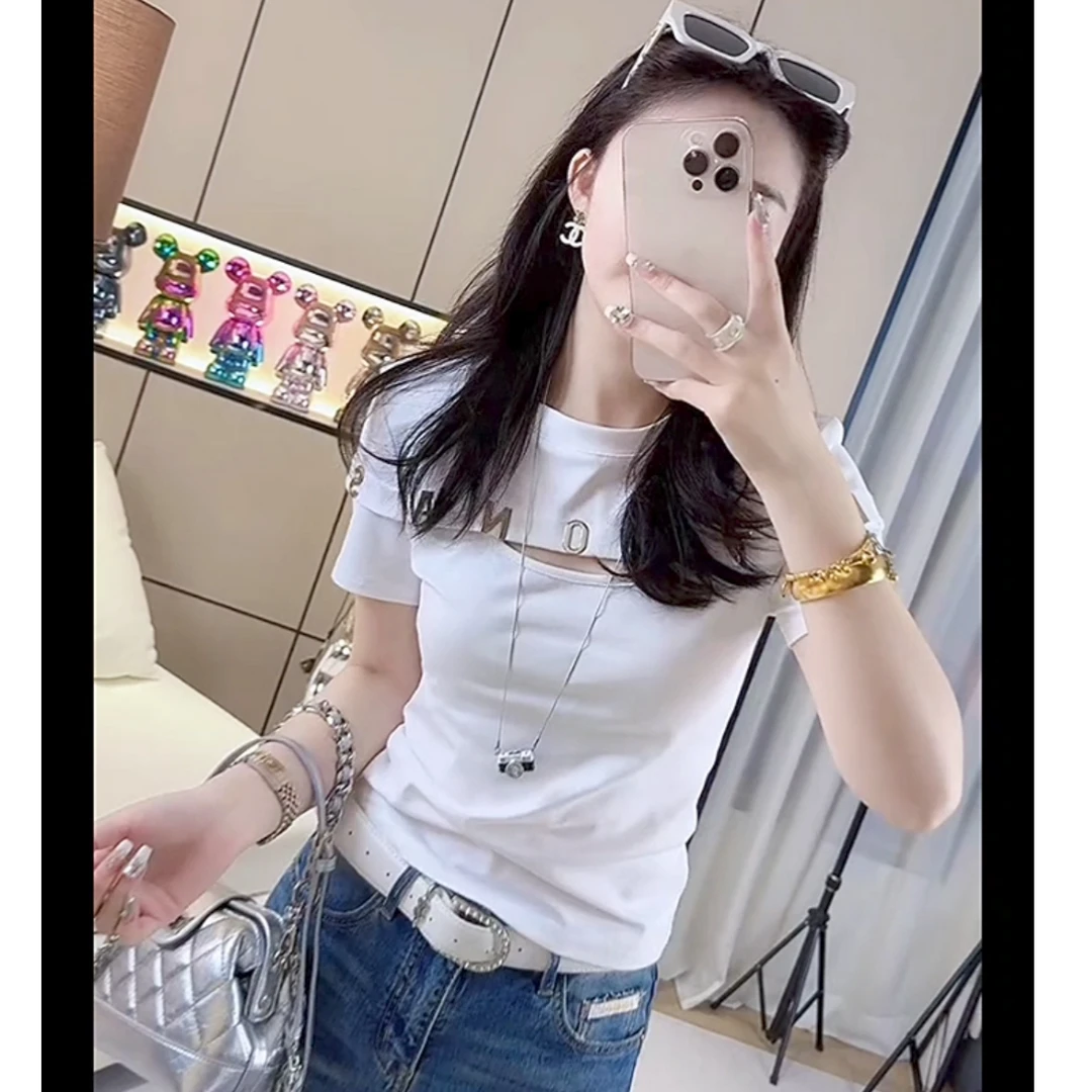 2025夏季短袖T恤显瘦洋气金属工艺新款百搭设计时尚镂空上衣气质