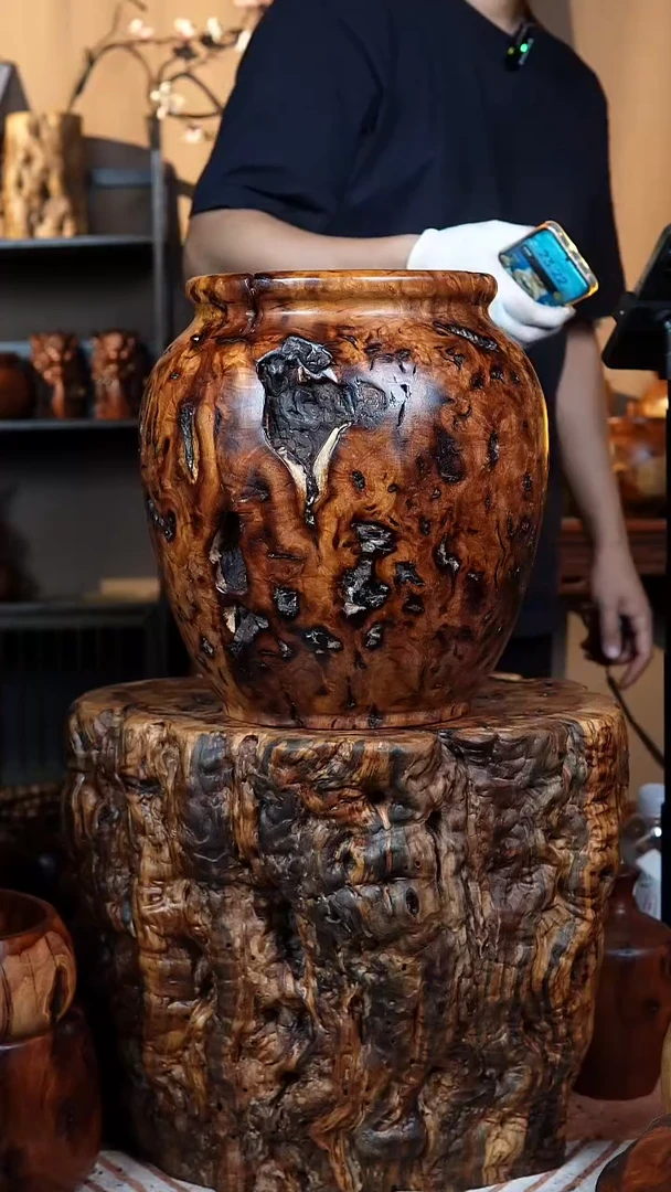 枣木百年鸡心枣木画缸