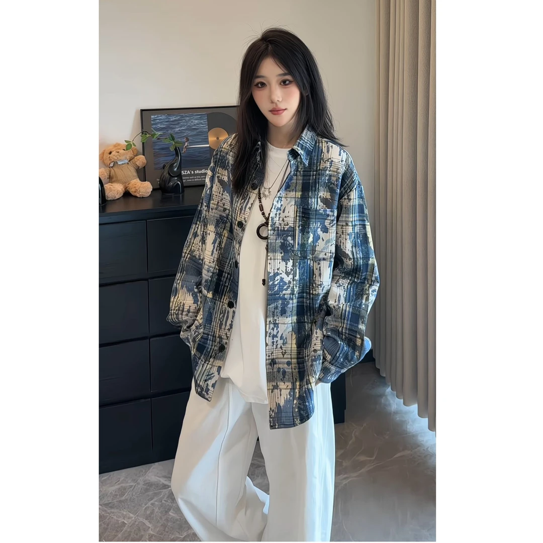 美式复古扎染格子衬衫男早秋季痞帅高级感长袖衬衣百搭晕染外套潮