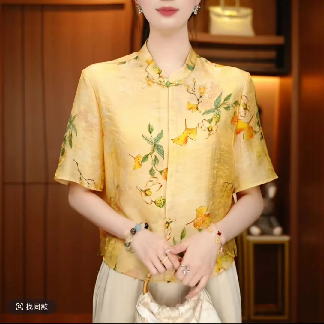 新中式盘扣上衣女装短袖深圳正品国风印花衬衫女装南油原创设计感