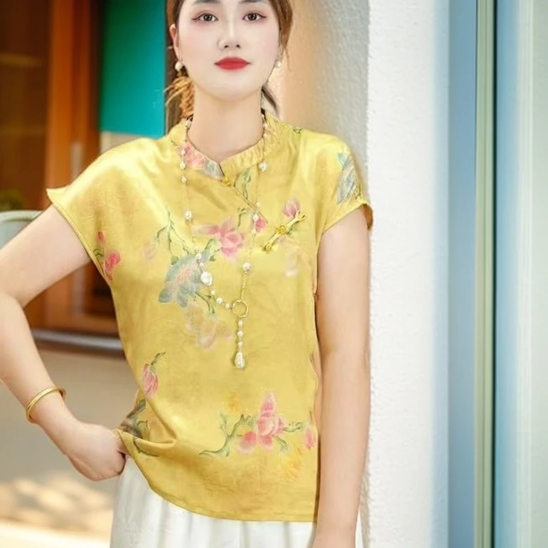 宽松型衬衫中国风印花夏季短袖提花常规常规款气质