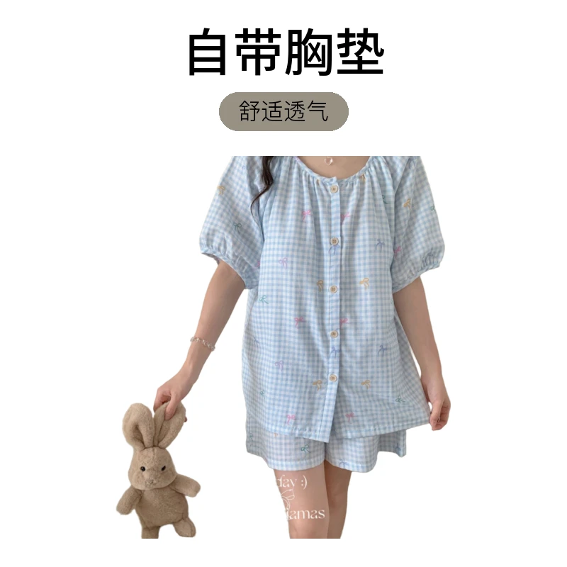 简眠家居服2025新款A类精梳有氧双层纱自带胸垫款家居服 蓝格蝴蝶