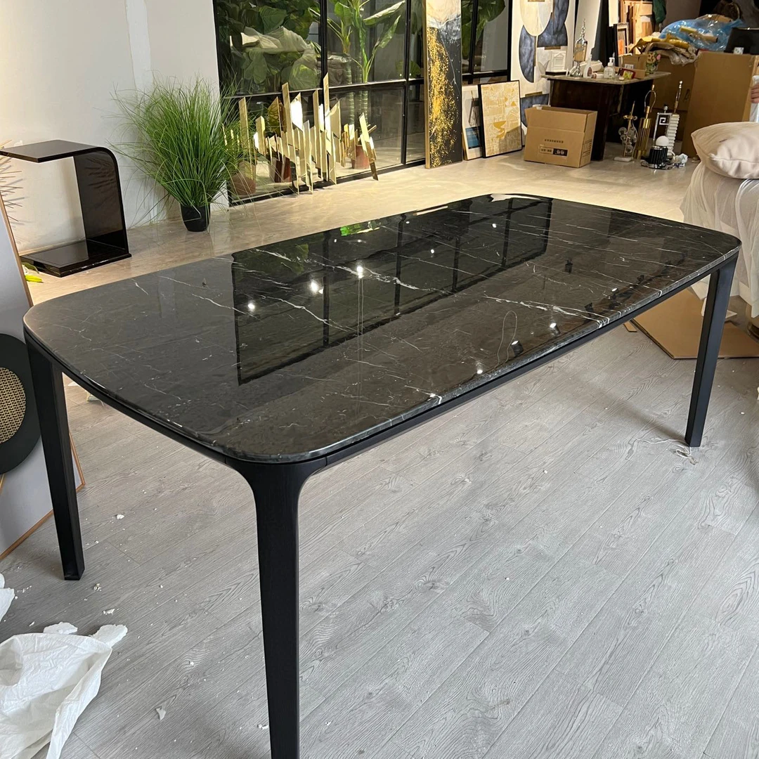 不包邮米洛进口天然石劳伦黑金原木脚低调中尽显奢华四角圆弧餐桌