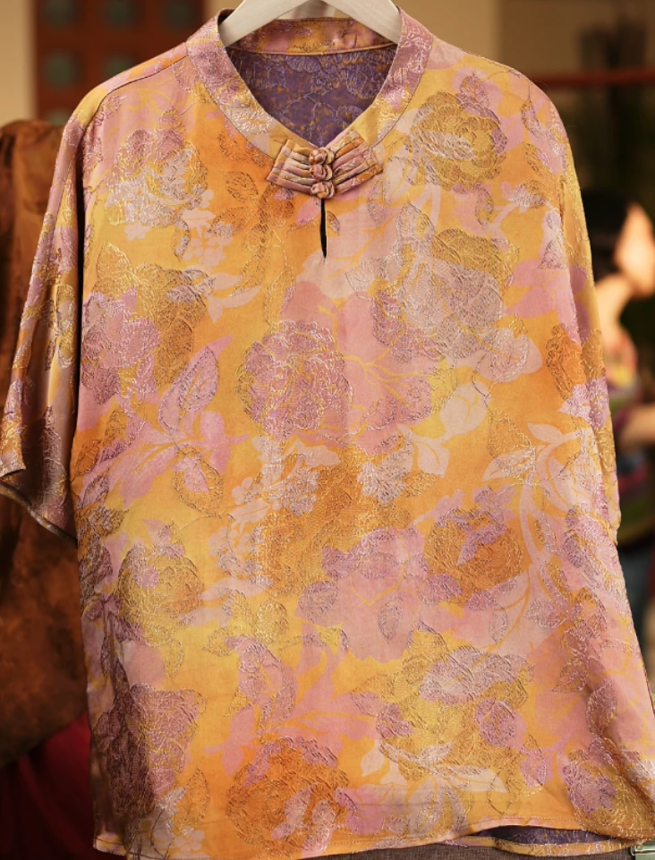 <<非遗美学>>香云纱暗纹褶皱肌理感缎面薄款高级感上衣1181