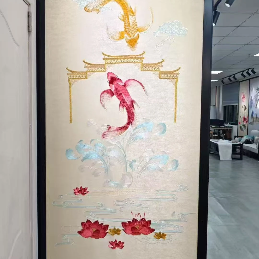言绣独绣刺绣无缝壁布鱼跃龙门客厅玄关背景墙布壁纸独秀新中式