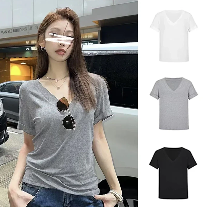 短袖女夏季半袖纯色上衣基础款样衣大v领宽松显瘦百搭正肩T恤女