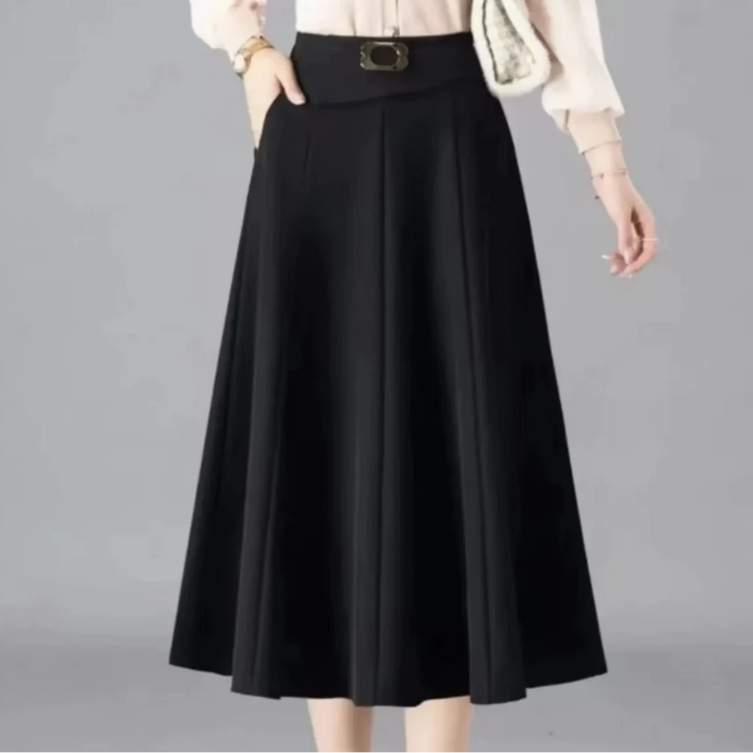 早春新款显瘦高腰A字裙遮胯松紧腰设计中长款半身裙面试