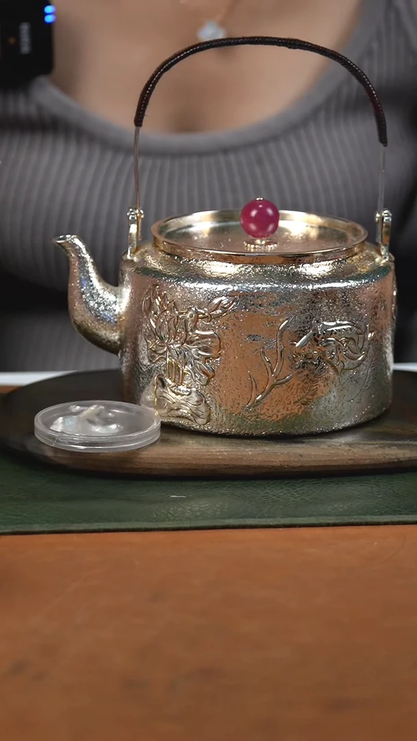 新品手工荷花提梁银壶