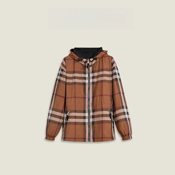 秋冬新款时尚经典格纹拉链连帽宽松外套女装上衣MKOK0677