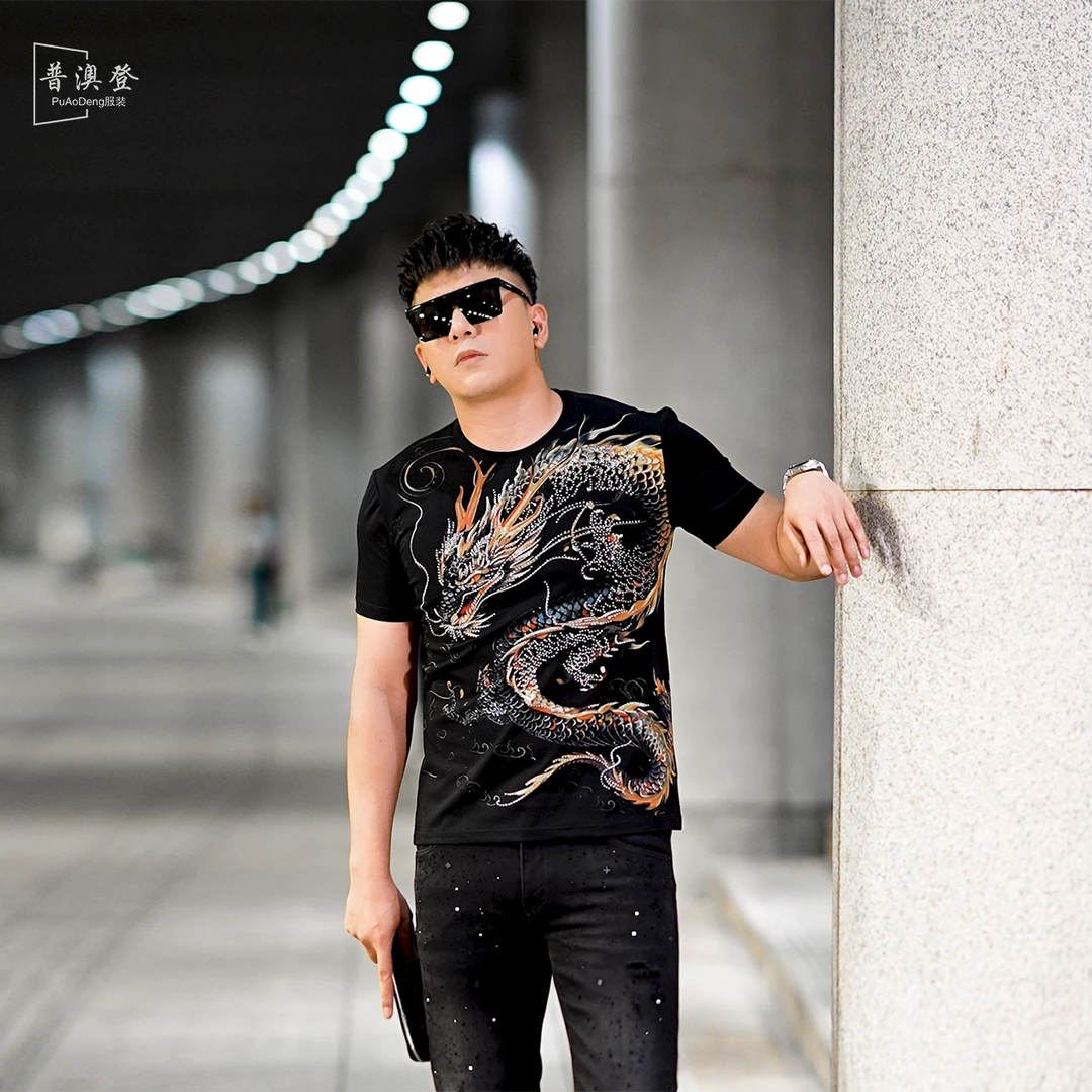 2025夏季新款时尚潮流个性百搭修身金龙烫钻男士帅气短袖男T恤