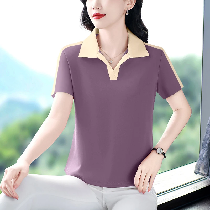 夏季宽松大码休闲时尚潮流2025新款女士短袖t恤翻领通勤洋气上衣