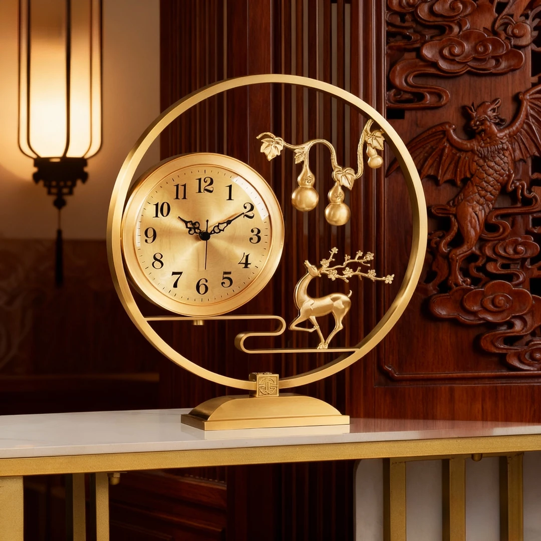 新中式黄铜葫芦鹿福禄造型高档座钟桌面摆件时钟静音台面装饰钟