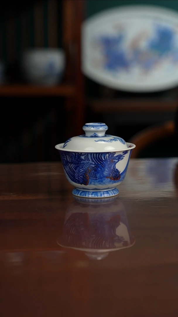 自成堂柴窑 青花釉里红 双凤