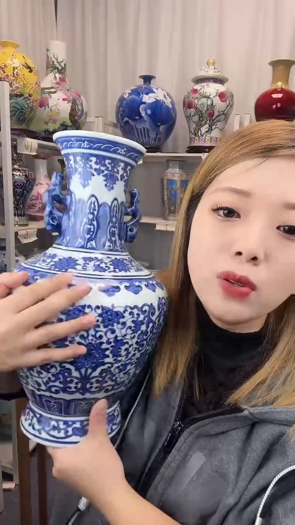 摆件陶瓷景德镇柴烧青花双耳尊高36