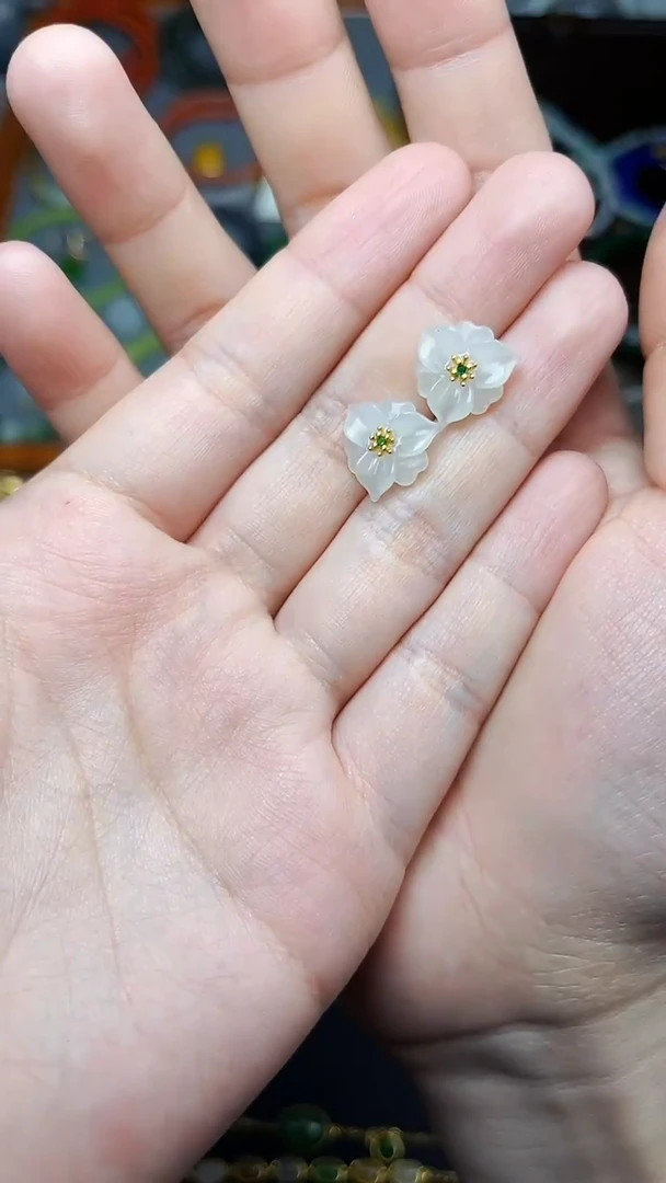银S925镶嵌和田玉耳饰哎***″花花耳钉 06